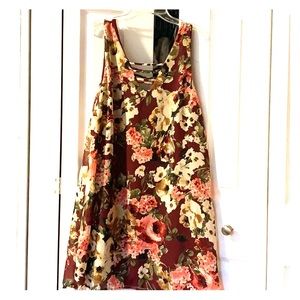 Red floral mini dress.